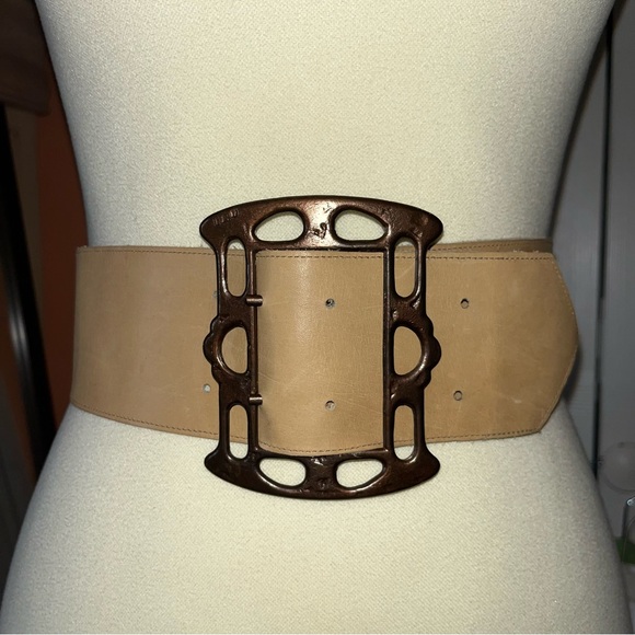 Vintage Wide Leather Statement Bronzed Buckle Belt - Picture 1 of 11